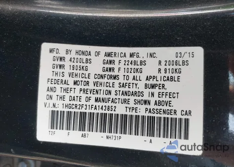 2015 Honda Accord Lx из США, поврежденный, VIN 1HGCR2F31FA143852